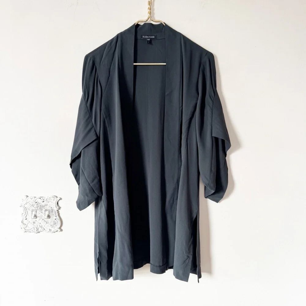 Eileen Fisher Black Silk Georgette Crepe Kimono Draped Open Blazer Jacket S - Picture 1 of 8